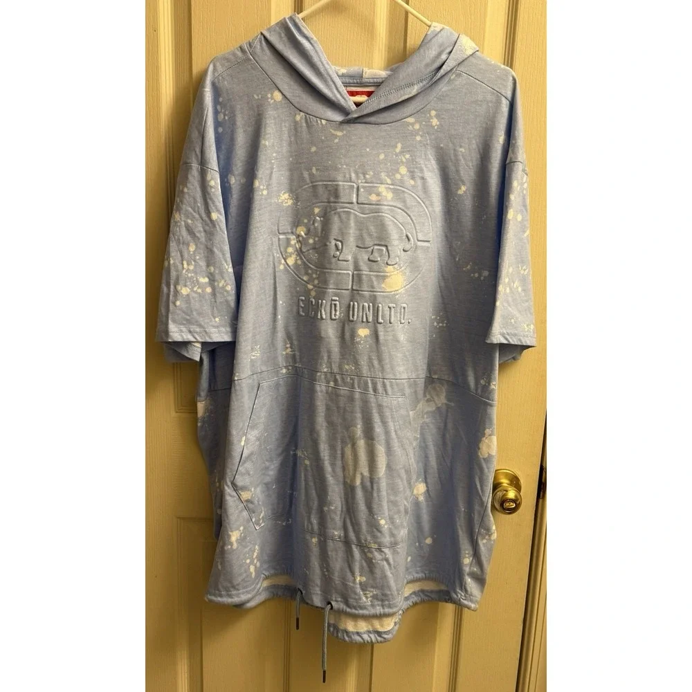 Mens Ecko Unltd Hooded Short Sleeve Shirt Blue/White 3XL ‎ EUC